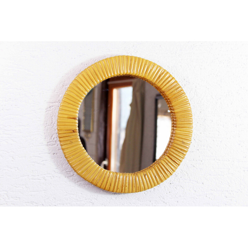 Vintage round wicker mirror, 1970s