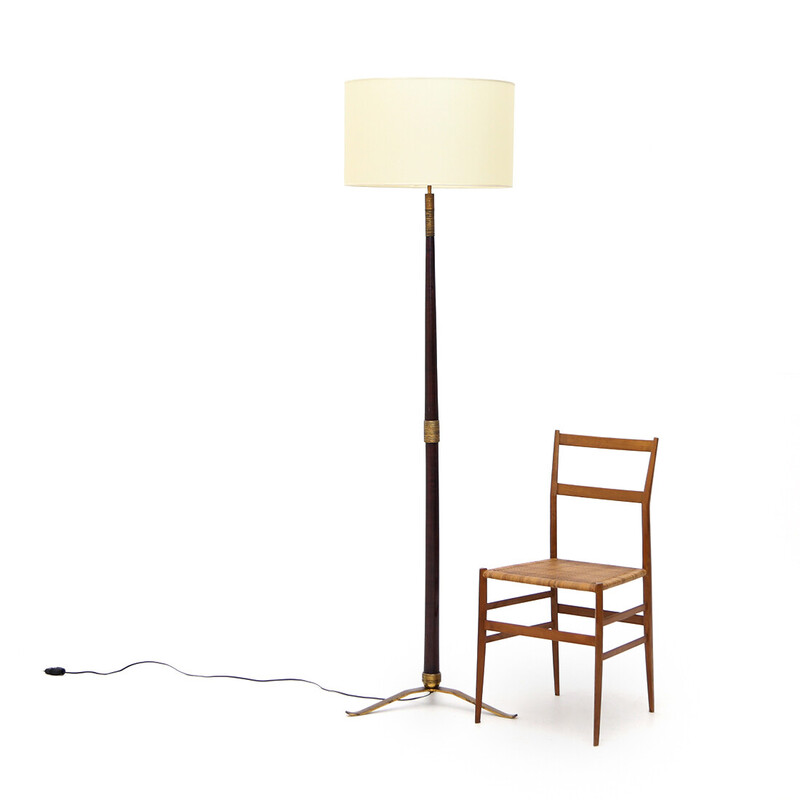 Vintage floor lamp with brass base and parchment lampshade, Italy 1940s