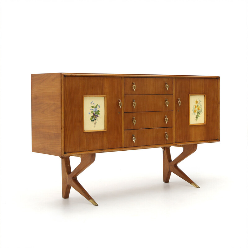 Credenza vintage con maniglie e decorazioni in ottone, anni '50