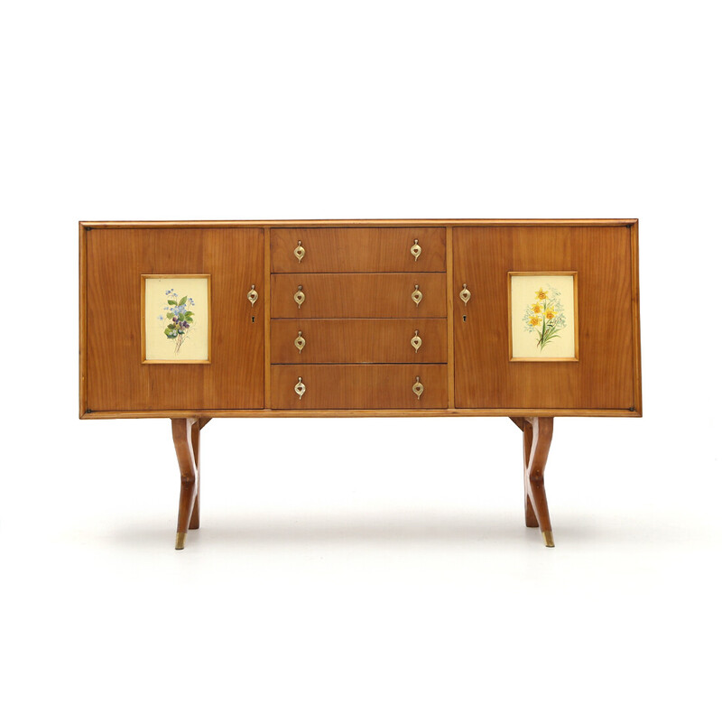 Credenza vintage con maniglie e decorazioni in ottone, anni '50