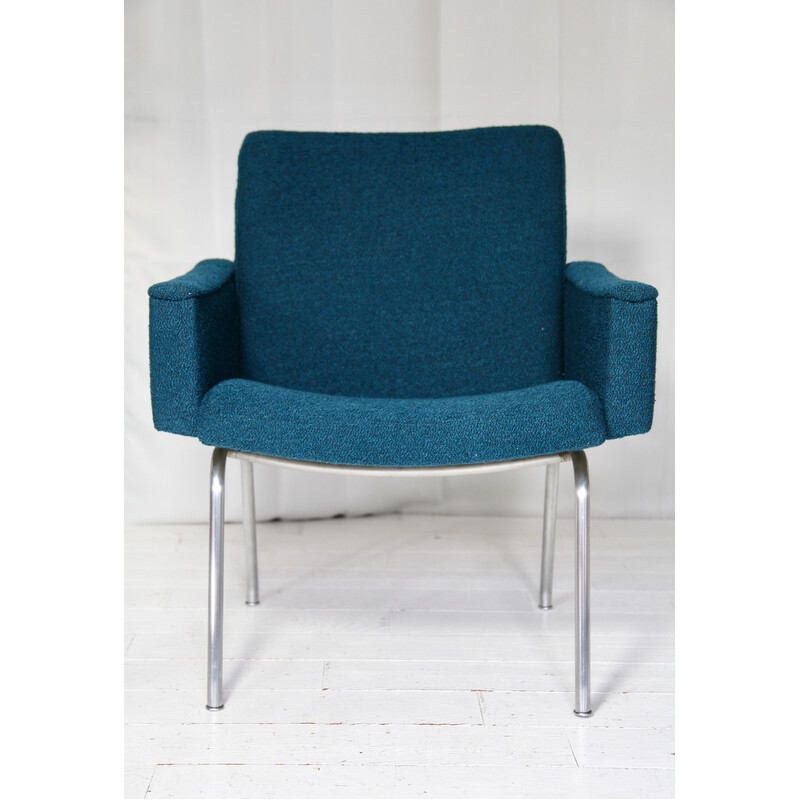 Vintage Ap 48 armchair in steel, wood and duck blue bouclette fabric by Hans Wegner for Johannes Hansen, Denmark