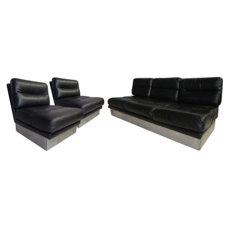Leather living room set Jacques Charpentier - 1970s