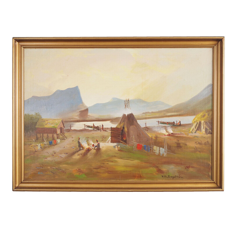 Peinture vintage "The Riverside Camp" par Vilhelm Oskar Engström