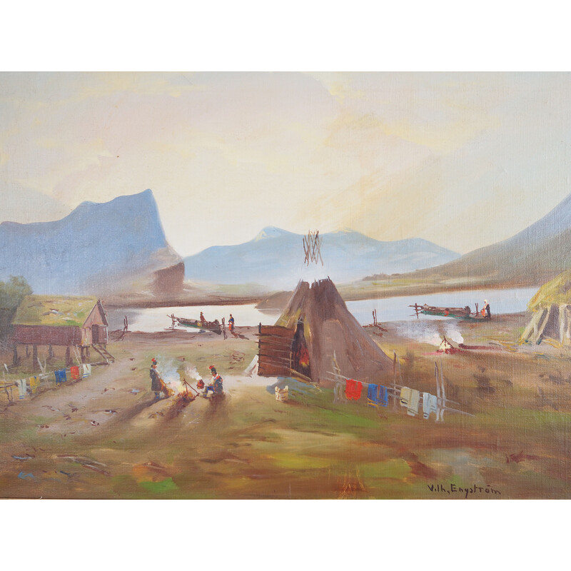 Peinture vintage "The Riverside Camp" par Vilhelm Oskar Engström