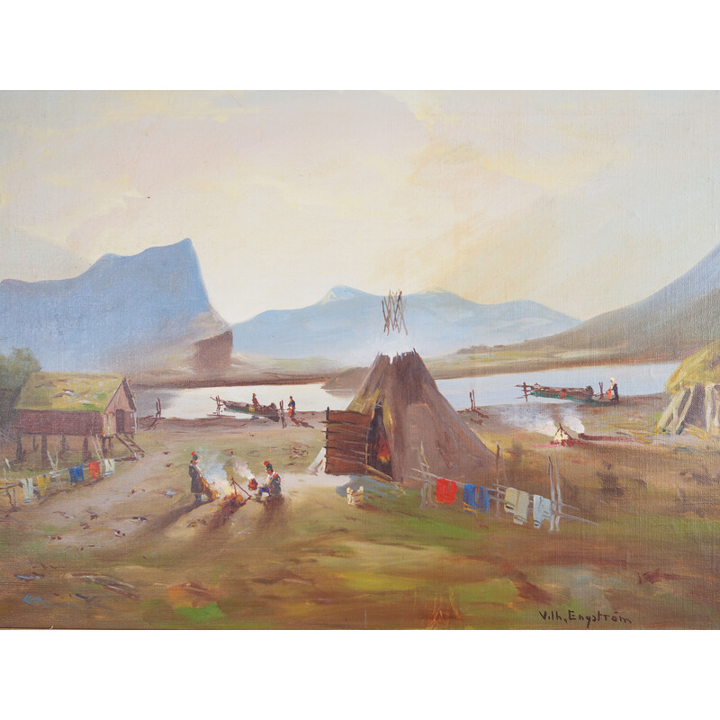 Vintage schilderij "The Riverside Camp" door Vilhelm Oskar Engström