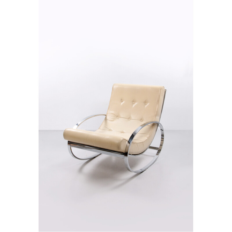 Italian vintage rocking chair in chrome and leather by Renato Zevi for Selig, 1970s