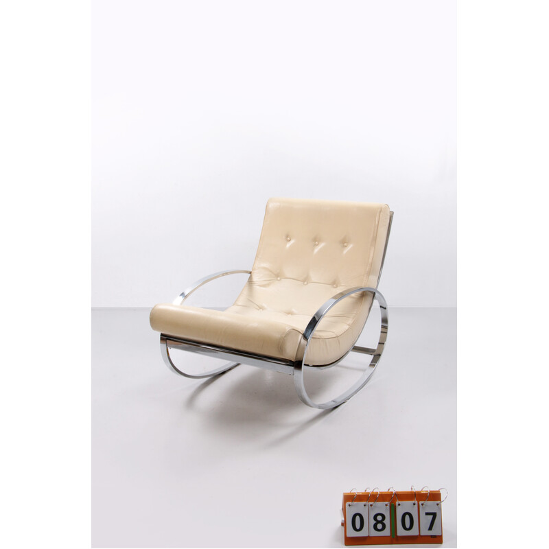 Italian vintage rocking chair in chrome and leather by Renato Zevi for Selig, 1970s