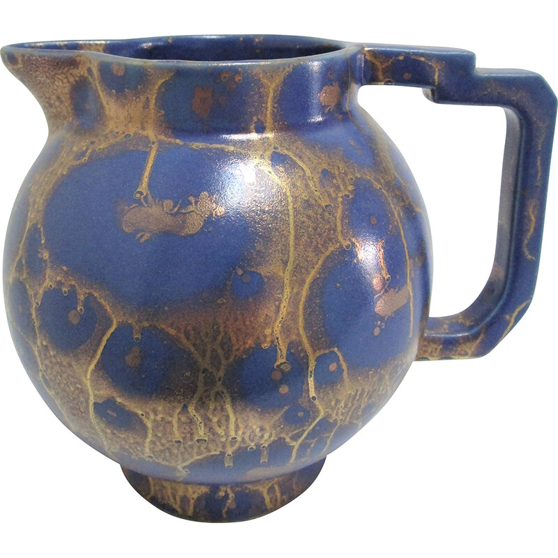 Brocca vintage in ceramica smaltata blu e oro Art Déco di Lucien Brisdoux, 1930