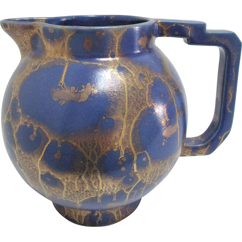 Vintage Art Deco blue and gold glazed ceramic pitcher by Lucien Brisdoux, 1930