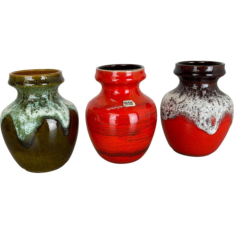 Ensemble de 3 vases Op Art vintage en lave grasse multicolore par Bay Ceramics, Allemagne 1970