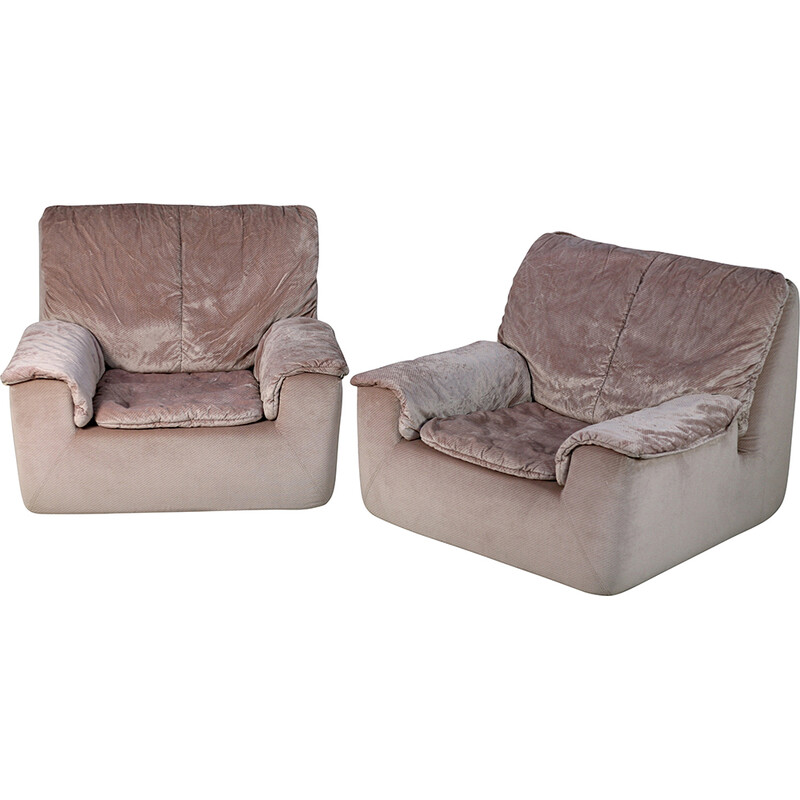 Pair of vintage armchairs in foam and pale pink velvet, France 1970