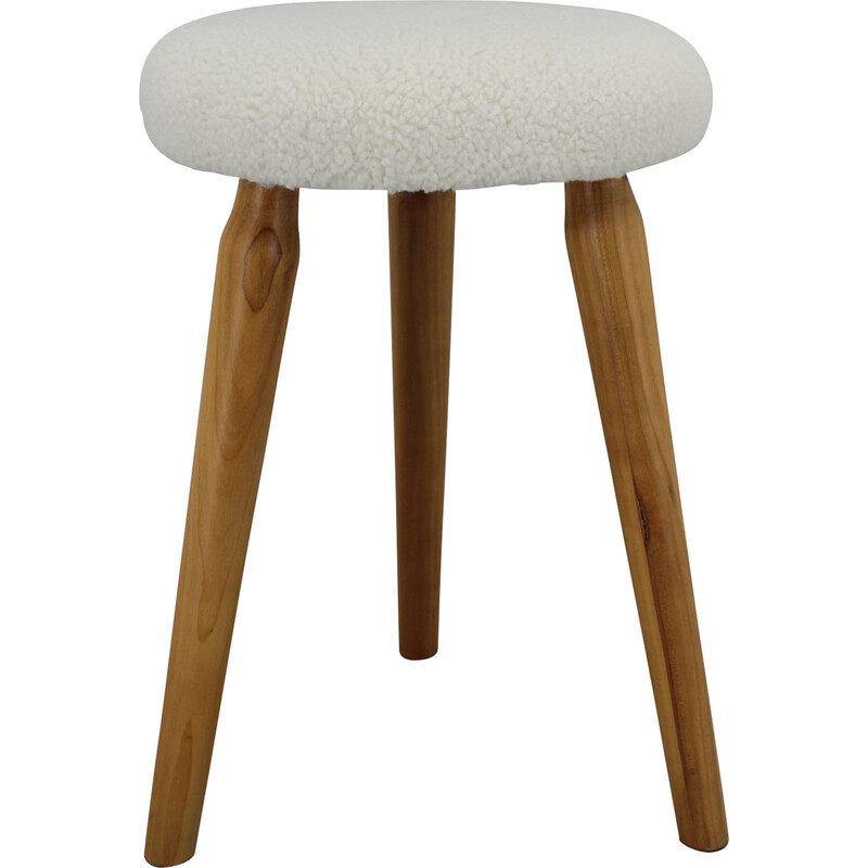 Vintage stool in sheep skin fabric and beechwood, 1960s