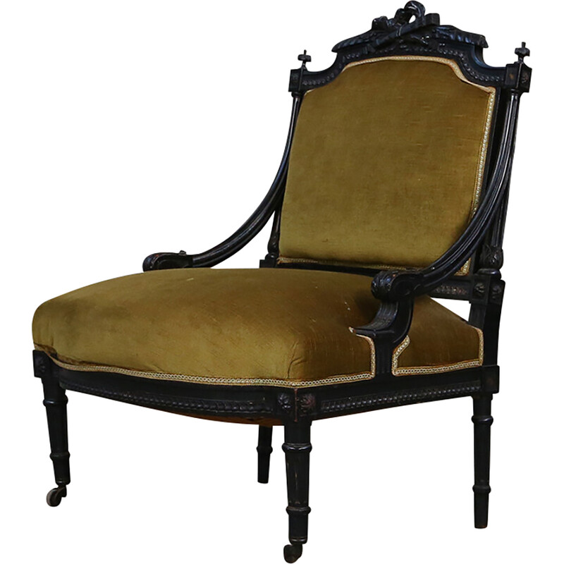 Vintage fauteuil in zwart hout en groen-geel fluweel, 1850