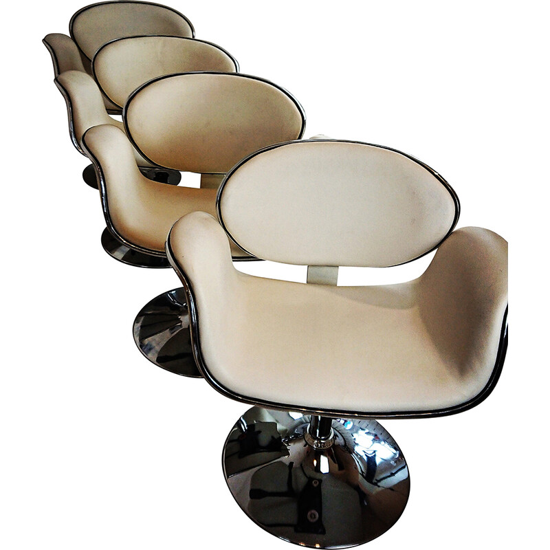 Set of 4 vintage tulip armchairs in ivory leather and chrome