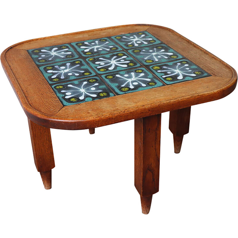 Vintage oakwood and ceramic coffee table by Guillerme and Chambron, 1960s