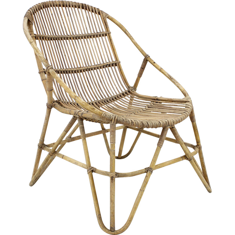 Cadeira Alan Fuchs vintage rattan lounge por Uluv, Checoslováquia, década de 1960