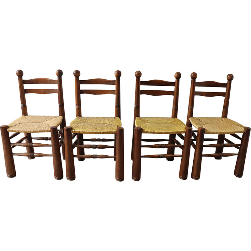 Set of 4 vintage Brutalist chairs in solid oakwood and woven straw, 1950