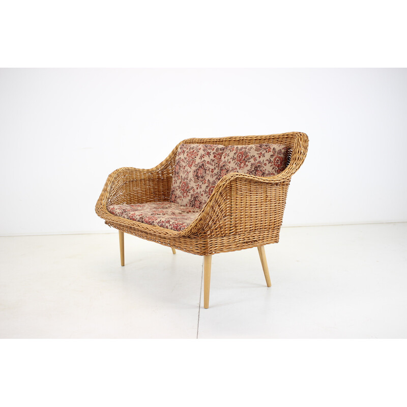 Vintage two-seater rattan sofa by Uluv, Czechoslovakia 1970s