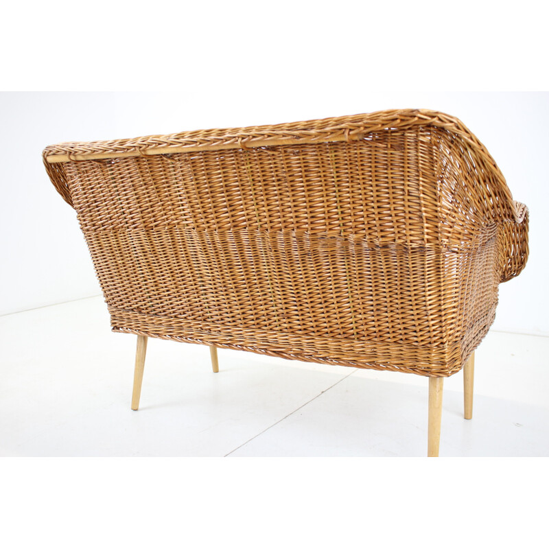 Vintage two-seater rattan sofa by Uluv, Czechoslovakia 1970s
