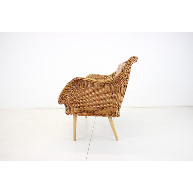 Vintage two-seater rattan sofa by Uluv, Czechoslovakia 1970s