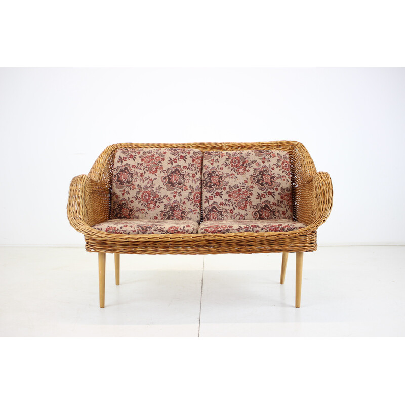 Vintage two-seater rattan sofa by Uluv, Czechoslovakia 1970s