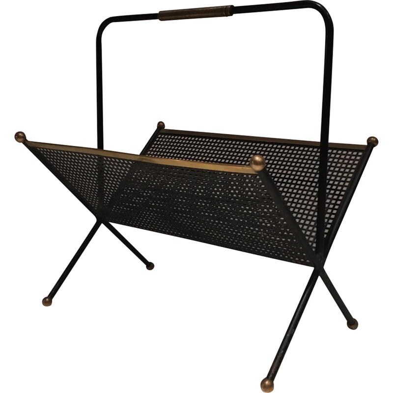 Vintage magazine rack in black lacquered metal and brass, France 1950