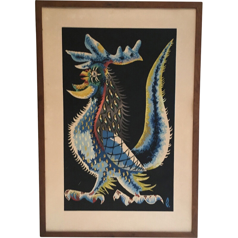 Impresión vintage de un gallo de Jean Lurçat, 1970