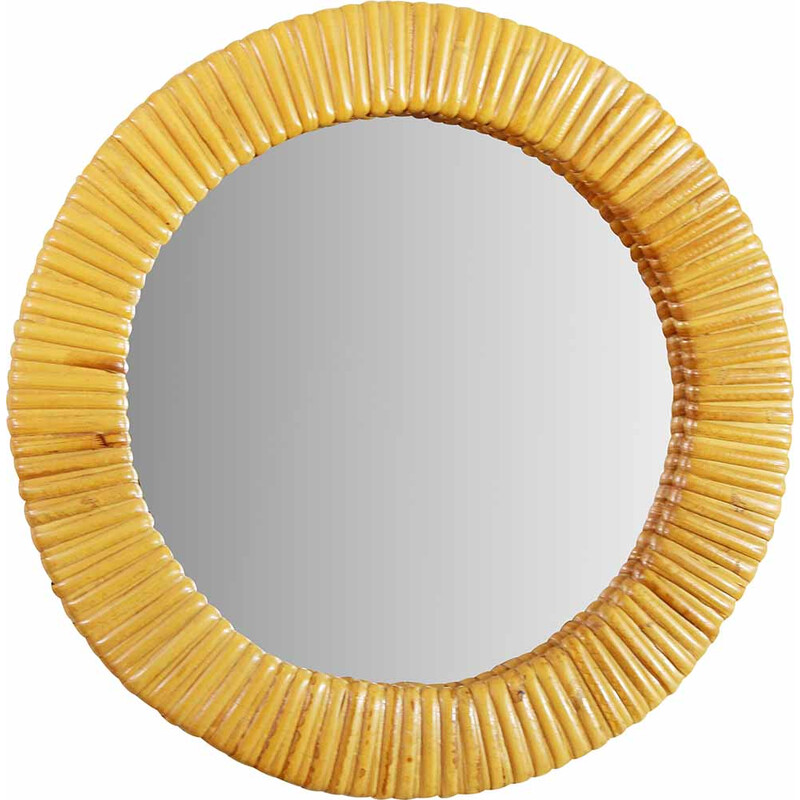 Vintage round wicker mirror, 1970s
