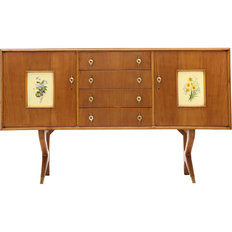 Credenza vintage con maniglie e decorazioni in ottone, anni '50