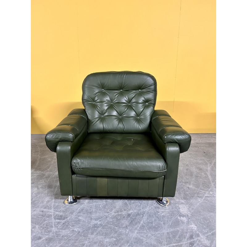 Deense vintage groen lederen fauteuil, 1970