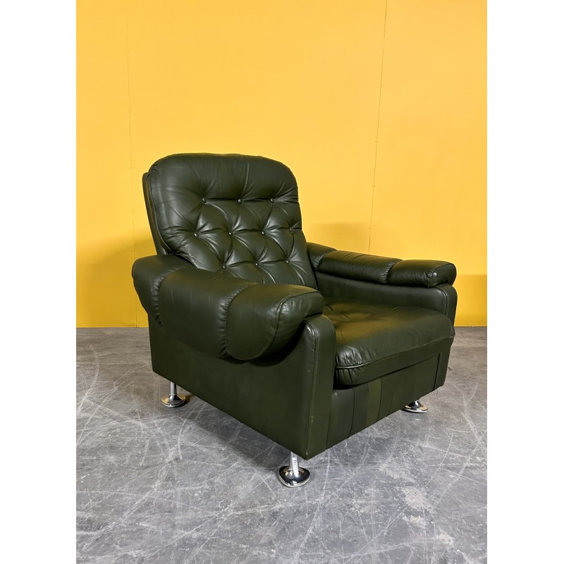 Danish vintage green leather armchair, 1970s
