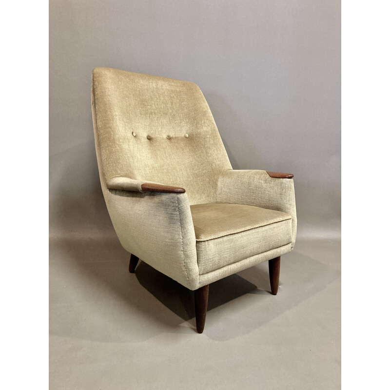 Scandinavian vintage armchair in velvet and teak, 1950