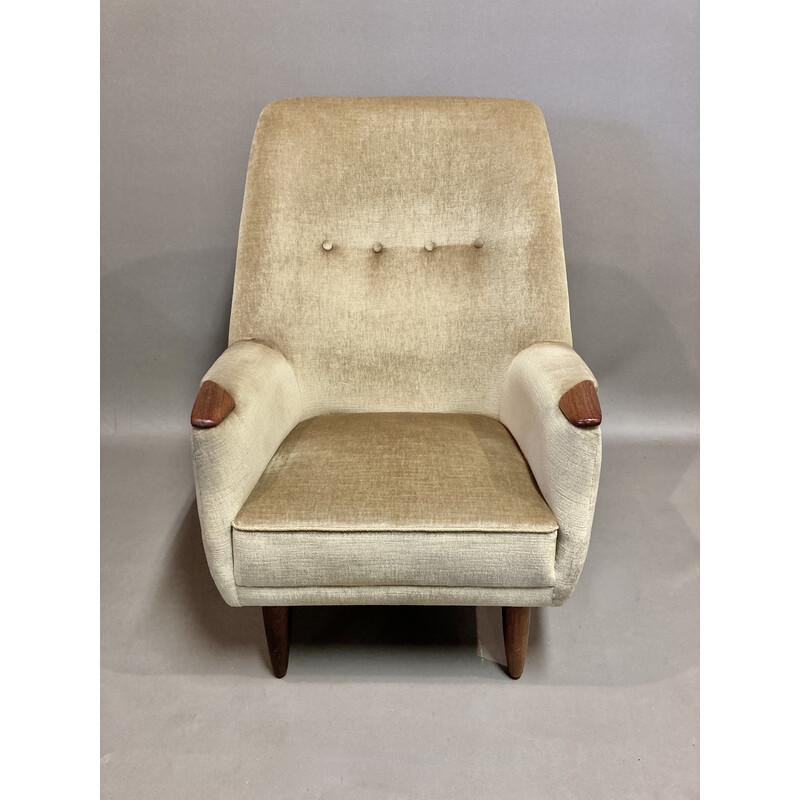 Scandinavian vintage armchair in velvet and teak, 1950