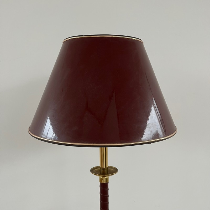 Lampada da terra svedese di metà secolo in pelle e ottone, Svezia 1960