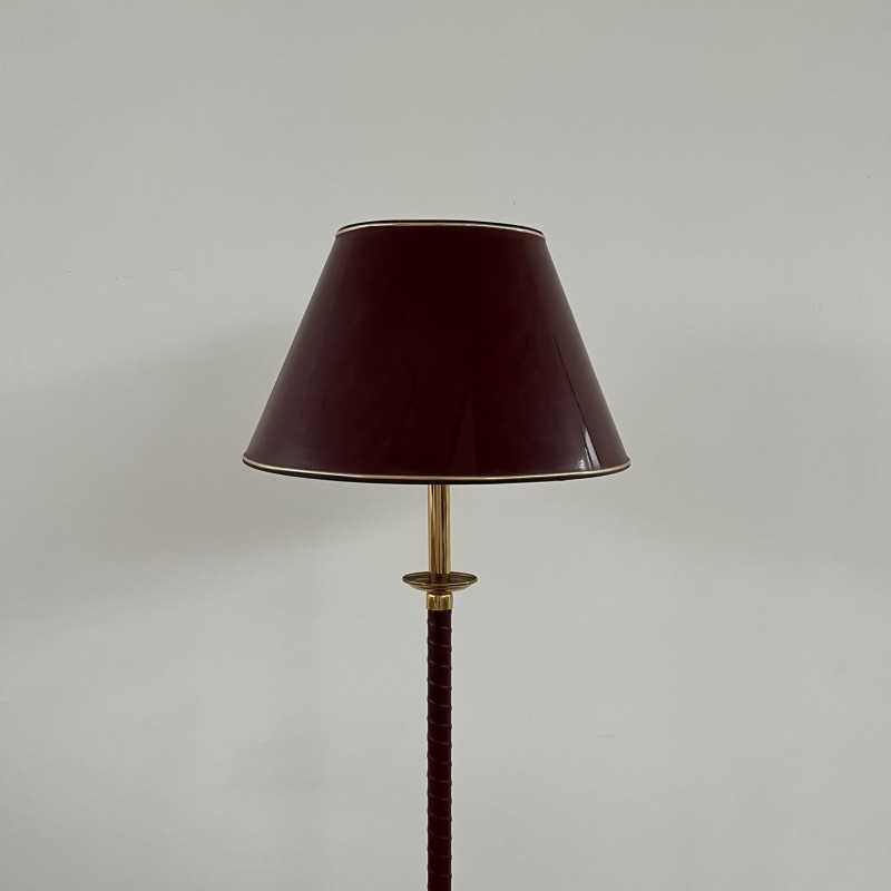 Lampada da terra svedese di metà secolo in pelle e ottone, Svezia 1960