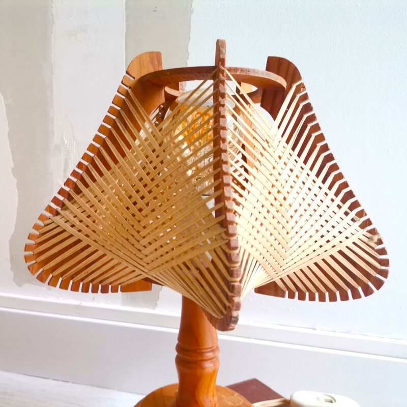 Portuguese mid century boho wood and straw table lamp, 1960s
