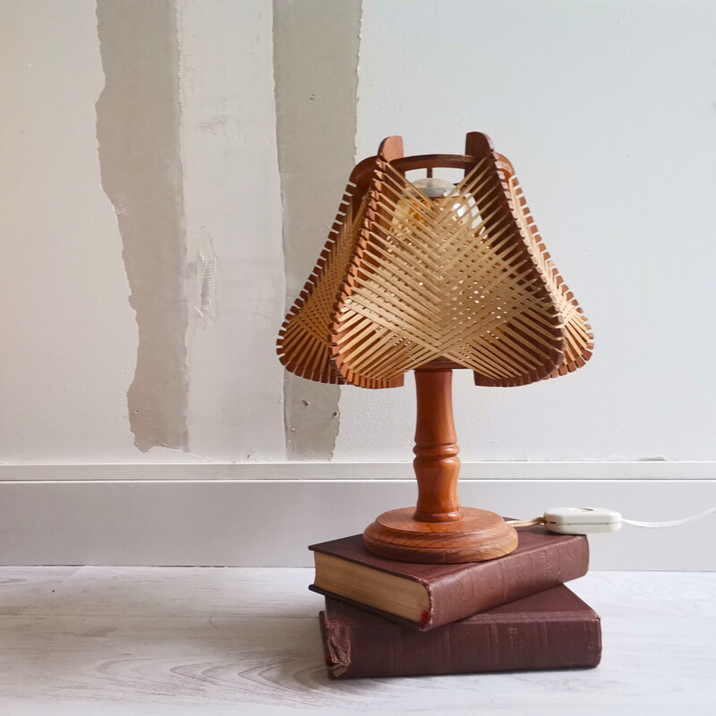 Portuguese mid century boho wood and straw table lamp, 1960s