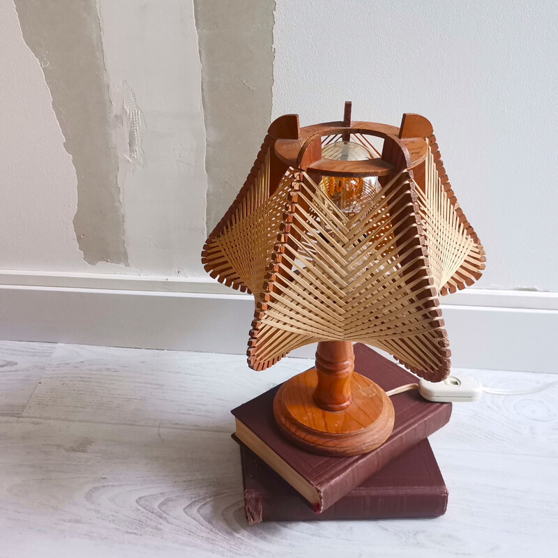 Portuguese mid century boho wood and straw table lamp, 1960s