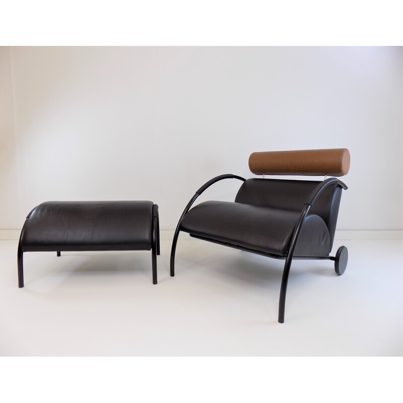 Vintage Zyklus leather and metal armchair with ottoman by Peter Maly for Cor