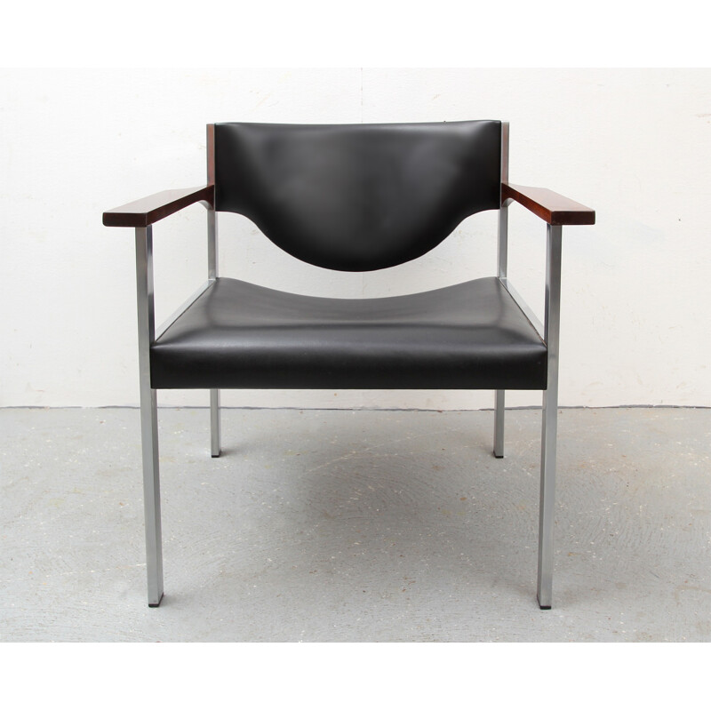 Black armchair in leatherette and rosewood - 1970s