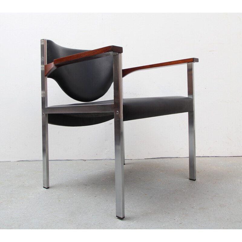 Black armchair in leatherette and rosewood - 1970s