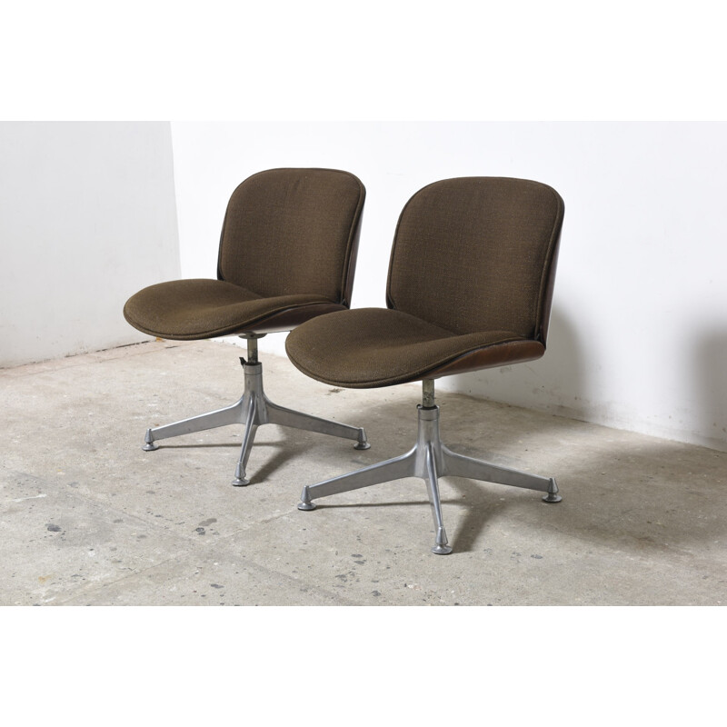 Paire de chaises de bureau marrons en palissandre et en aluminium de Ico Parisi pour MIM - 1950