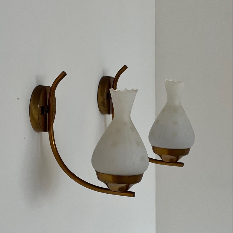 Pair of Swedish vintage opaline glass and brass wall lamps, 1960s