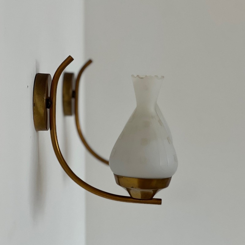 Pair of Swedish vintage opaline glass and brass wall lamps, 1960s