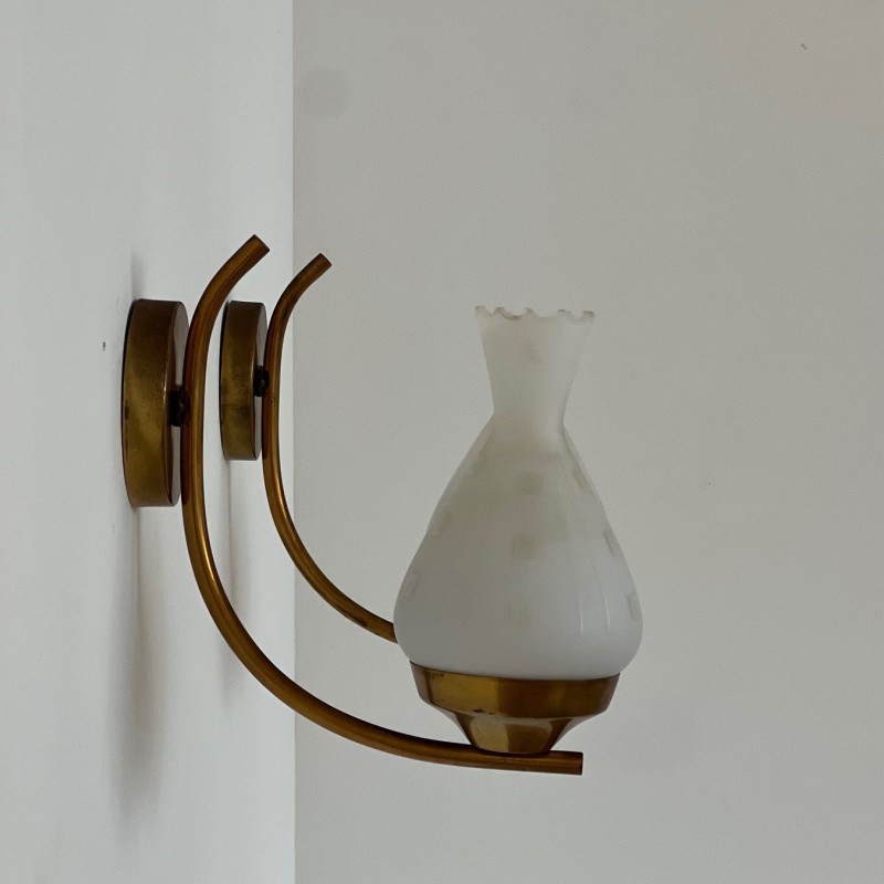 Pair of Swedish vintage opaline glass and brass wall lamps, 1960s