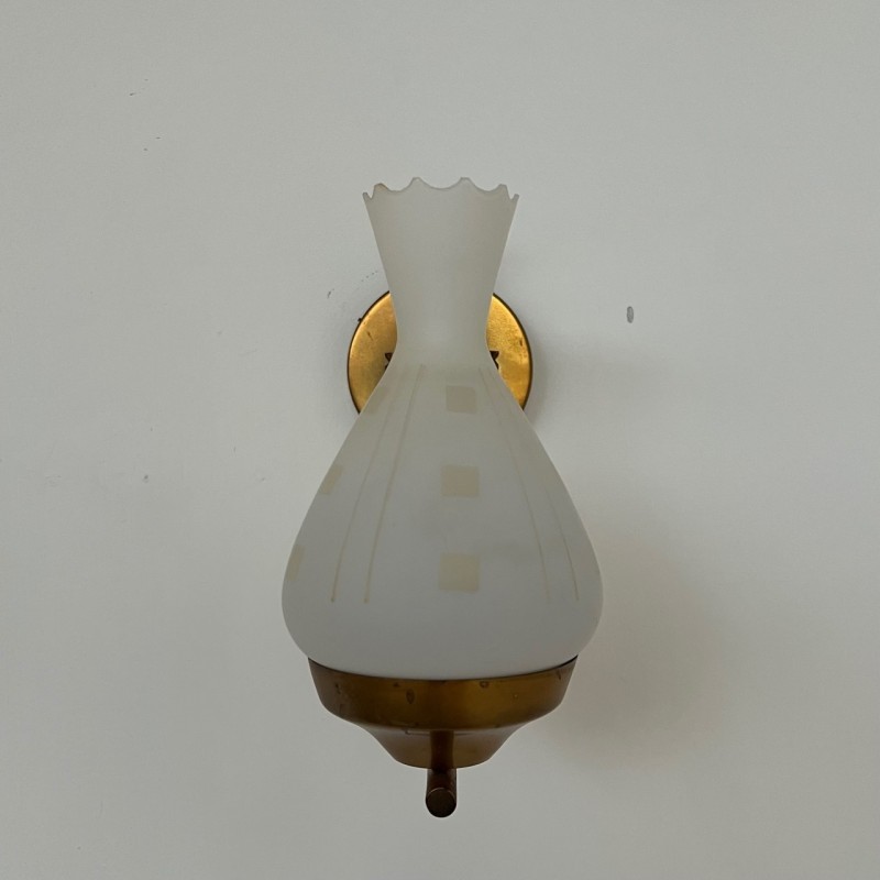 Pair of Swedish vintage opaline glass and brass wall lamps, 1960s