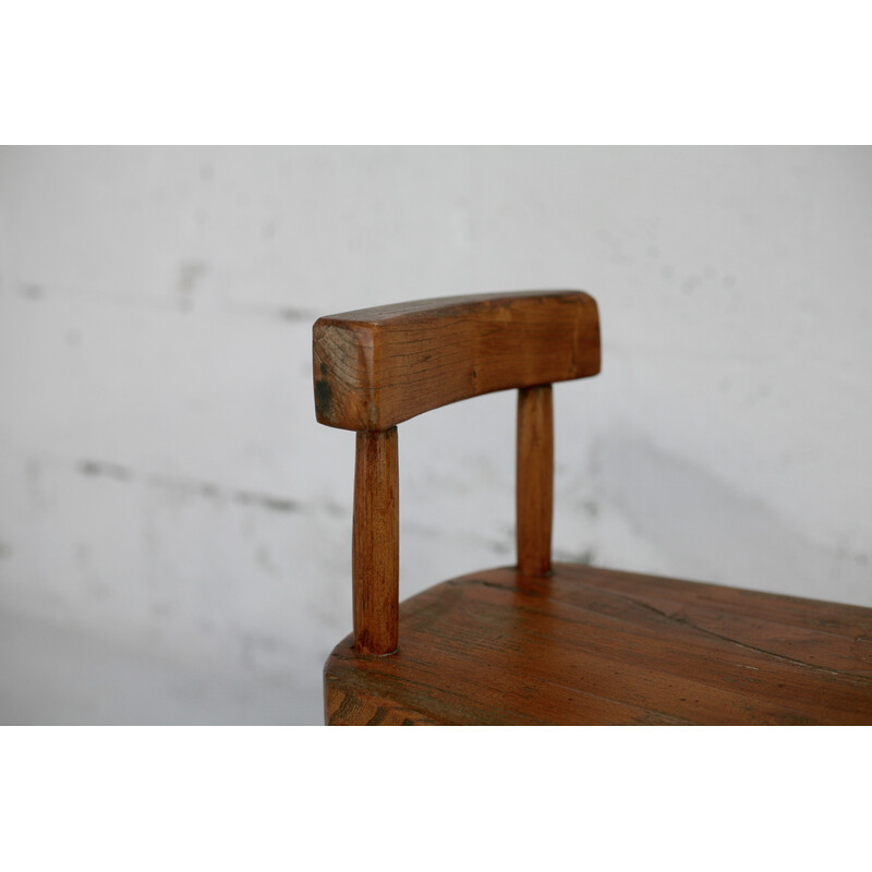 Pair of vintage wooden tripod stools with brutalist back, France 1960