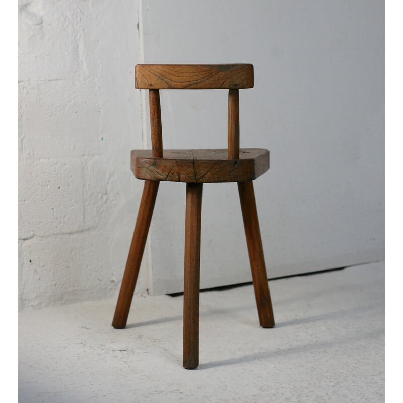 Pair of vintage wooden tripod stools with brutalist back, France 1960