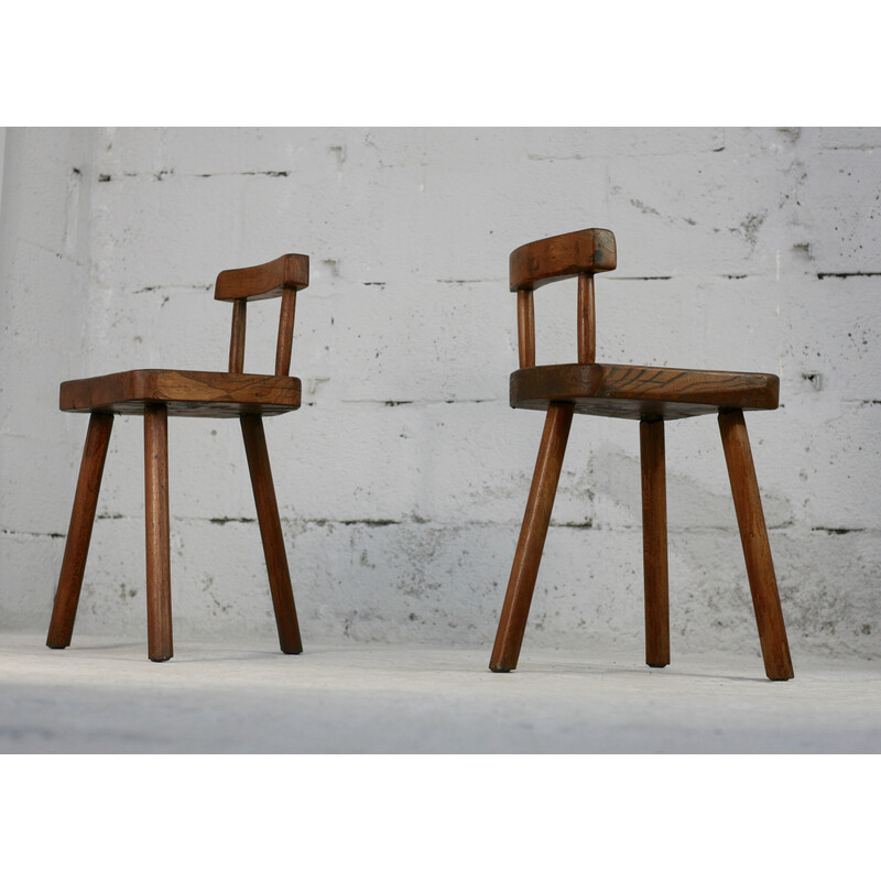Pair of vintage wooden tripod stools with brutalist back, France 1960