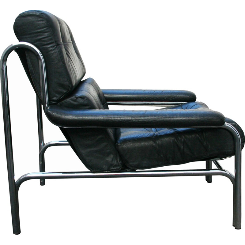 Black armchair in leather and stainless steel by Tim BATES for PIEFF - 1970s